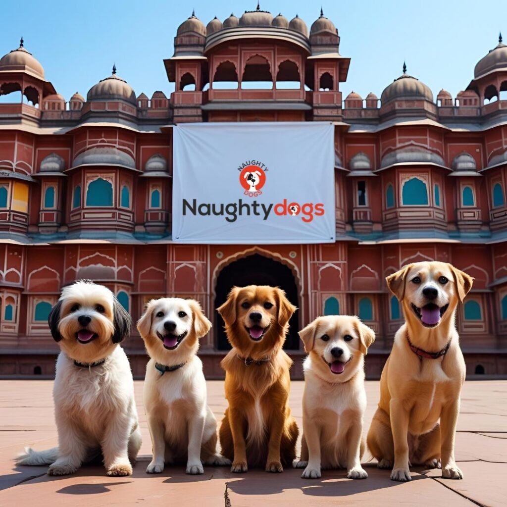 Group of happy dogs including a Shih Tzu, Golden Retriever, Pomeranian, and Labrador standing in front of Hawa Mahal Jaipur with a Naughty Dog banner in the background Best dog shop in Malviya Nagar Jaipur